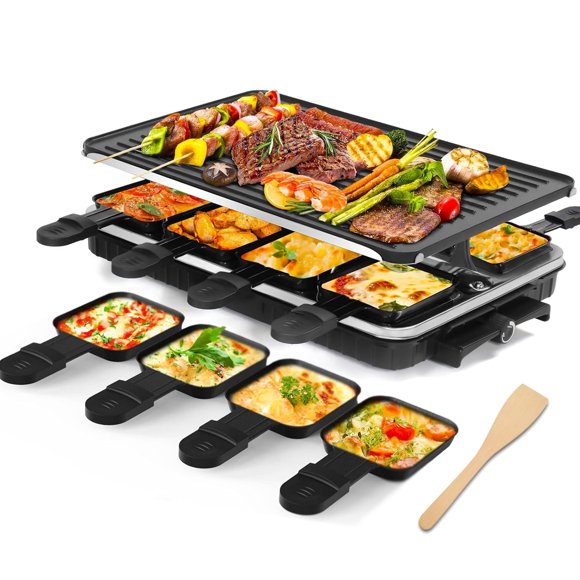 Electric Barbecue Grill, Indoor Raclette Table Grill Smokeless 2 in 1 Electric Griddle Nonstick with 8 Raclette Cheese Pans Adjustable Temperature Control 1300W Ideal for Family and Party Fun