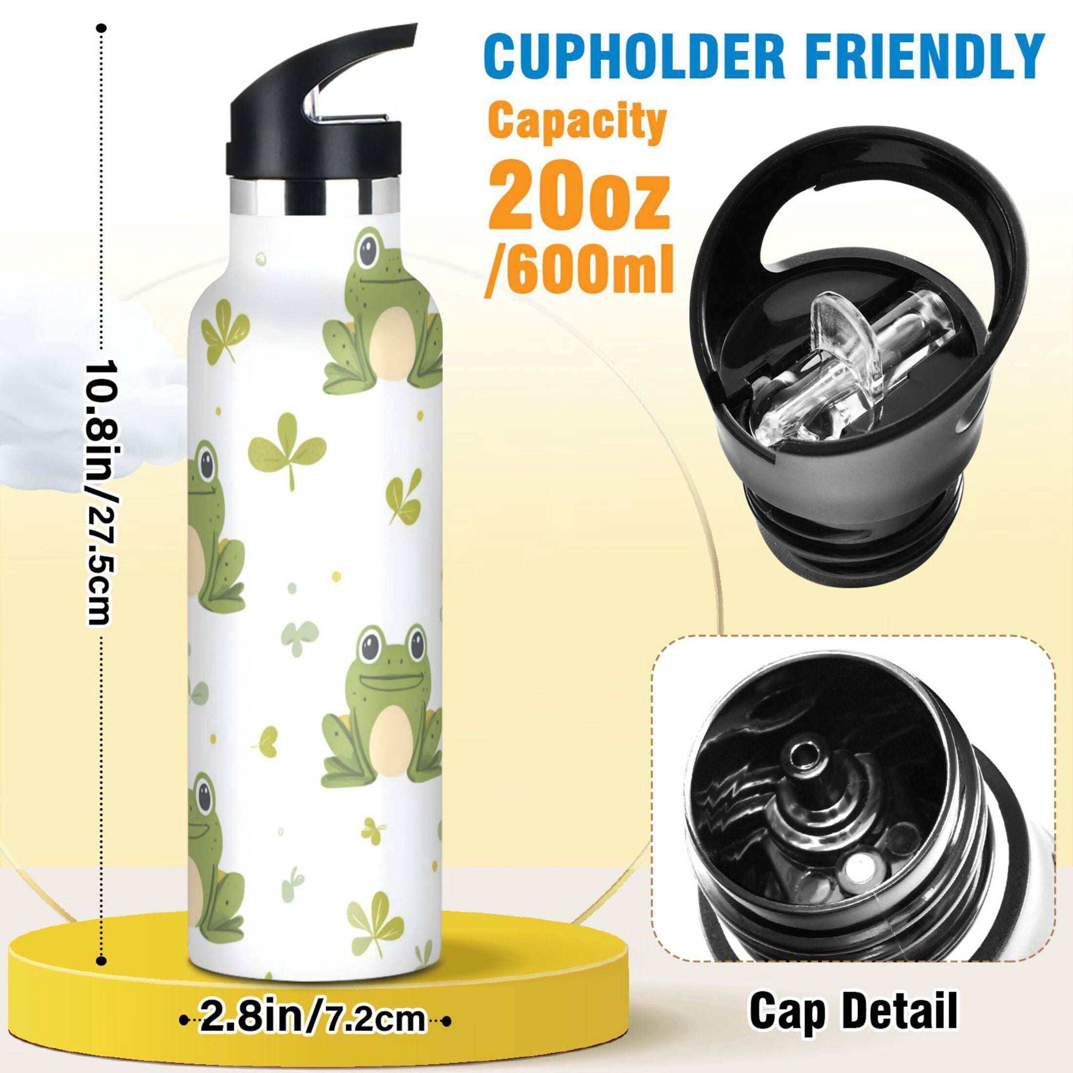 Kids Insulated Stainless Steel Sports Water Bottle 600ml (20oz) Cartoon Frog Pattern