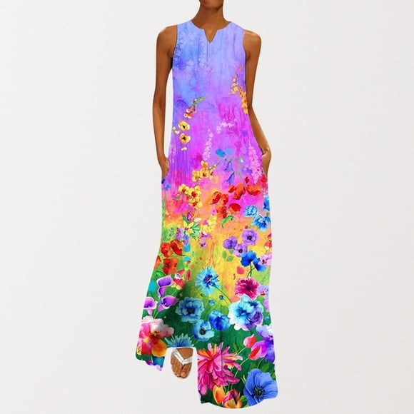 Summer Wedding Guest Dresses for Women 2023 Women Fashion V-Neck Sleeveless Summer Evening Party Printing Ladies Pocket Vest Long Dress Date Night Dress on Clearance