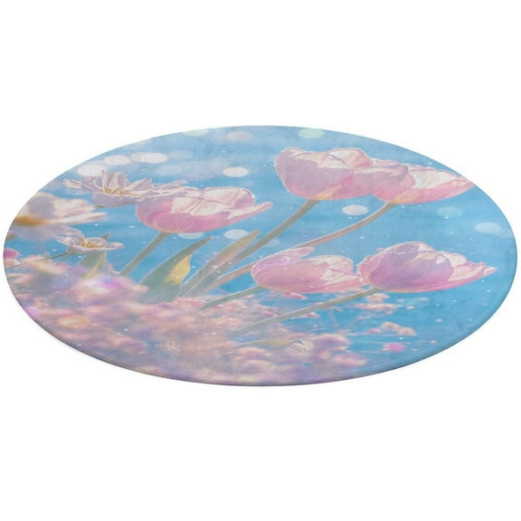 Vibe Blooming Tulips Washable Round Rug -Circle Area Rugs for Nursery Bedroom, Vintage Non Slip Non Shedding Low Pile Carpet for Living Room Coffee Table Entryway