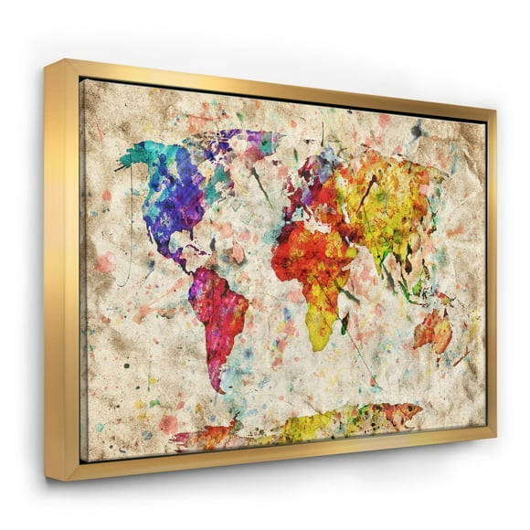 Designart - Vintage World Map Watercolor - Large Map Framed Canvas Art Print