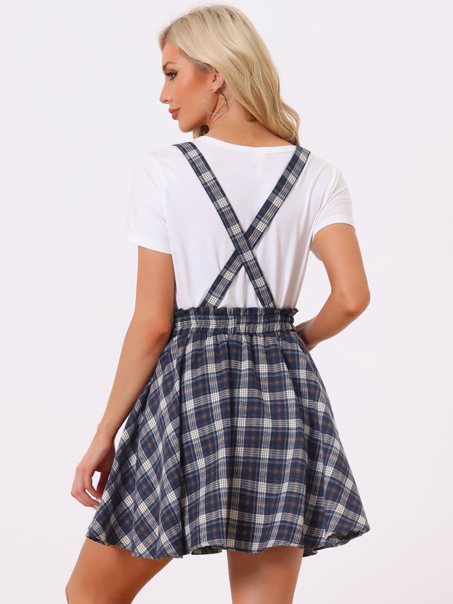 DARING DIVA Women's Tartan Plaid Skater Suspender Skirt S Dark Blue