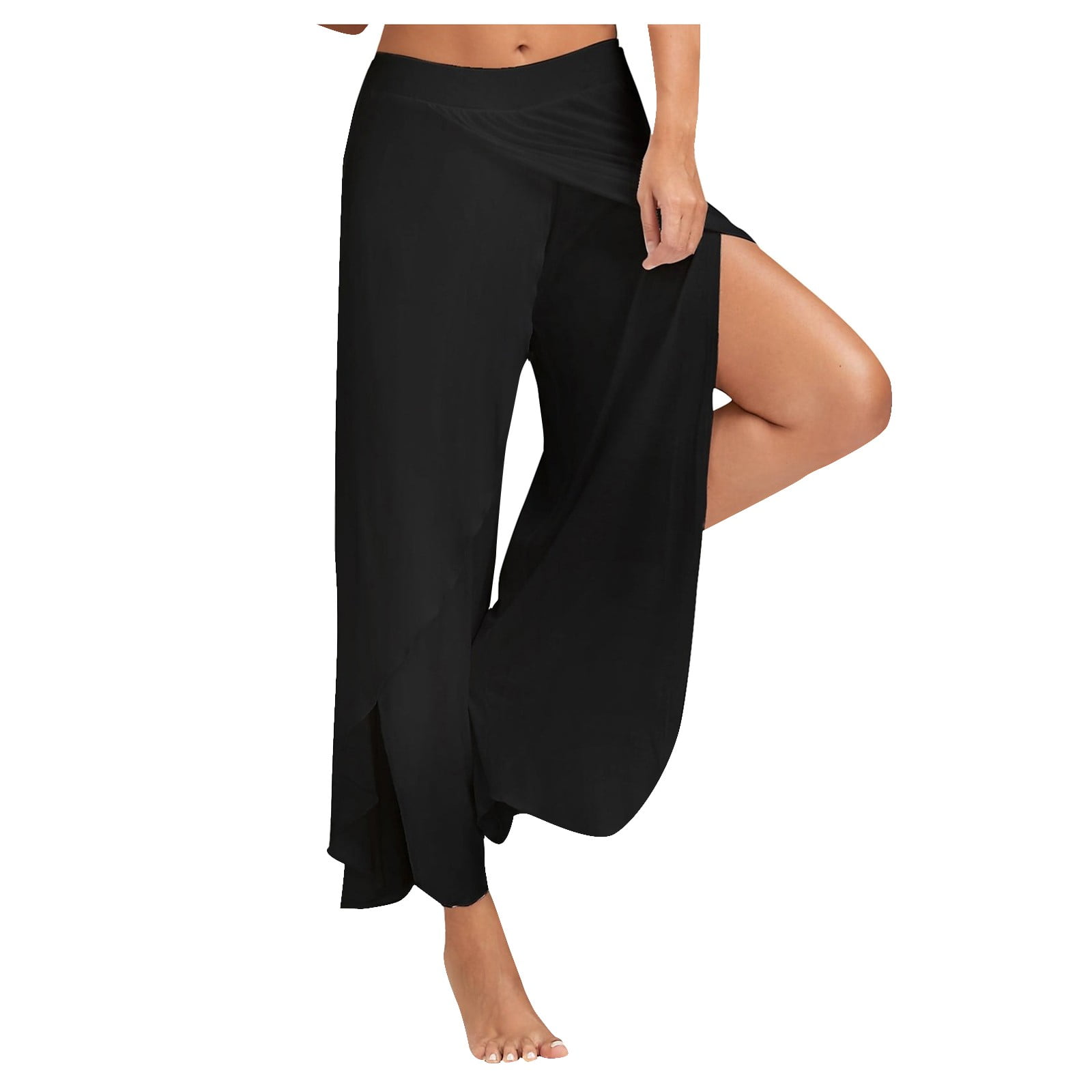 Mlqidk Women's Yoga Pants Plus Size Side Slit Ruffle Long Loose Wide Leg  Flowy Trouser,Red XL 
