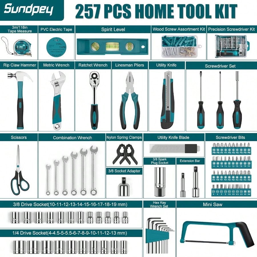 Sundpey Home Tool Kit 257-PCs - Household Basic Repair Tool Set for Men Women - General Hand Mechanic's Tool Set Screwdriver Set Wrench Set Socket Portable Tool Box Storage Case Blue
