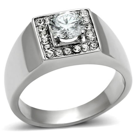 Alamode TK483-8 Men High Polished Stainless Steel Ring with AAA Grade CZ in Clear - Size 8