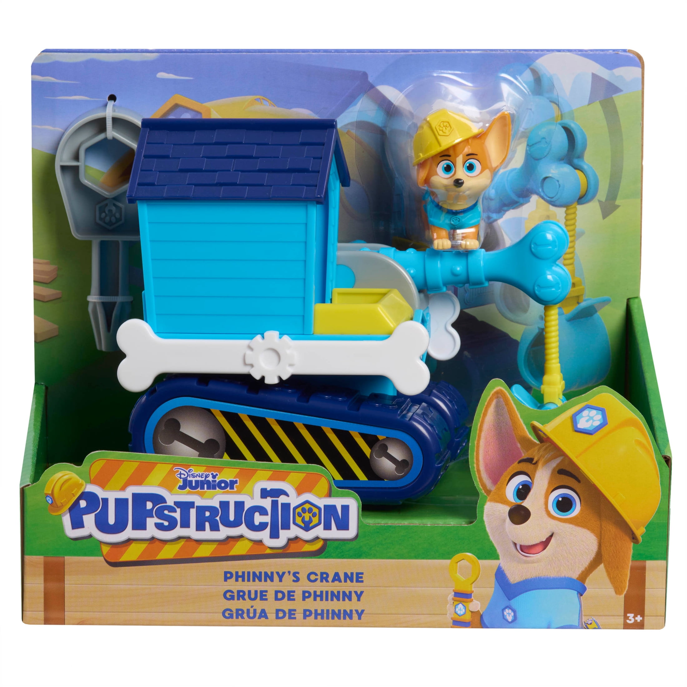 Disney Junior Pupstruction Phinny’s Crane 3-piece Figure and Vehicle Set, Blue, Dog, Kids Toys for Ages 3 up