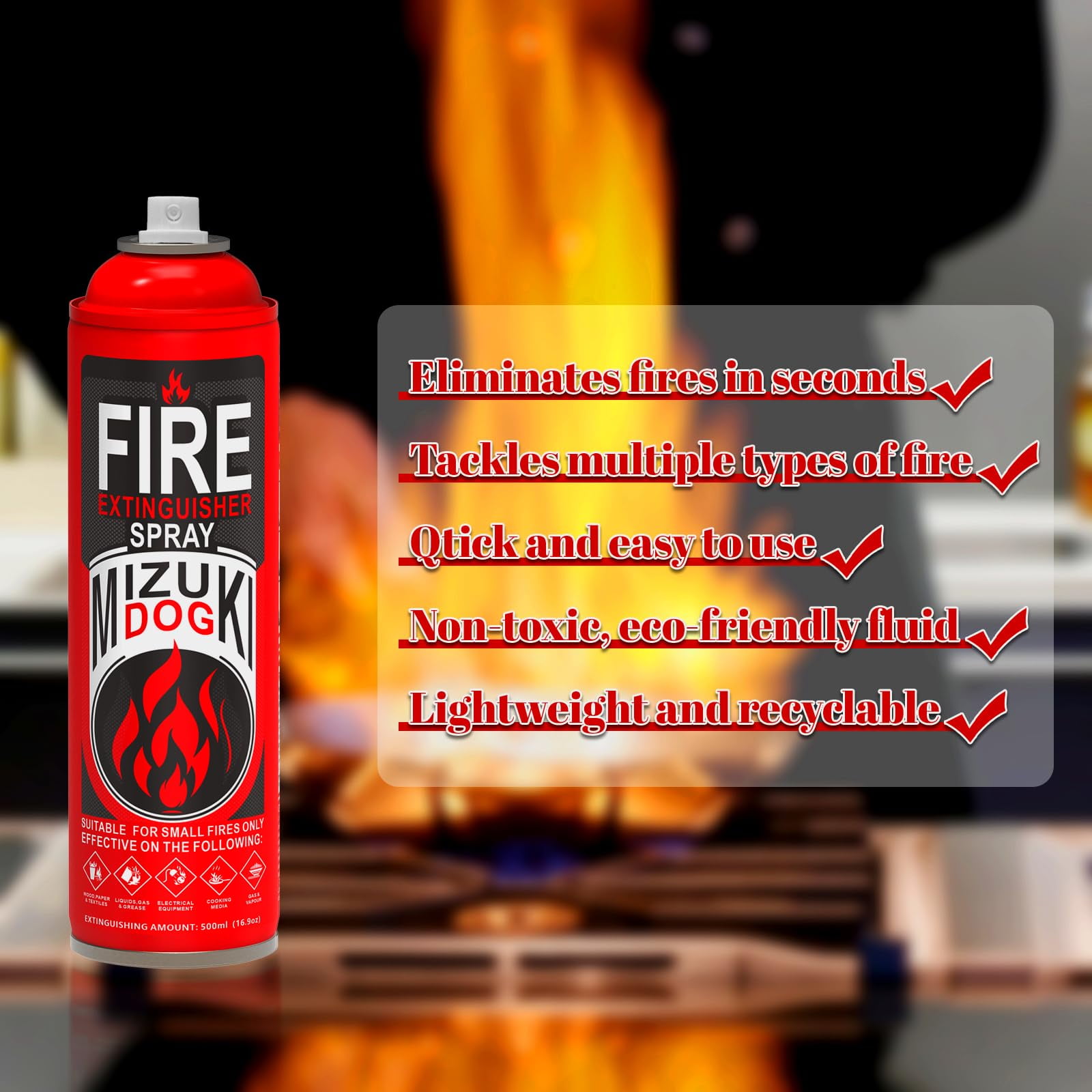Mizuki Dog Portable Fire Extinguisher Spray with Wall Mount Bracket, Small Multi-Purpose Fire Spray for Home, Kitchen, Car, RV and Boat