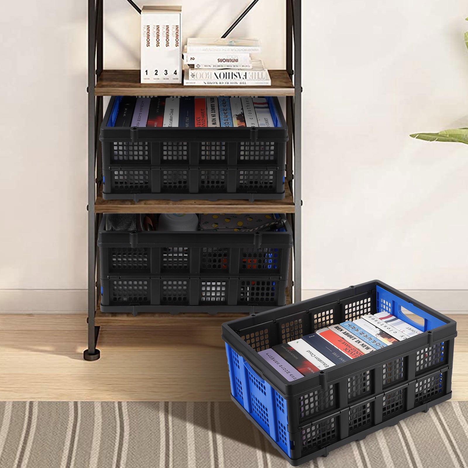 Heavy-Duty 55L Collapsible Plastic Storage Crate – Stackable, Collapsible Utility Bin with Handles – Multi-Purpose Organizer Basket for Home, Office, Garage, Kitchen, Study Room – Blue