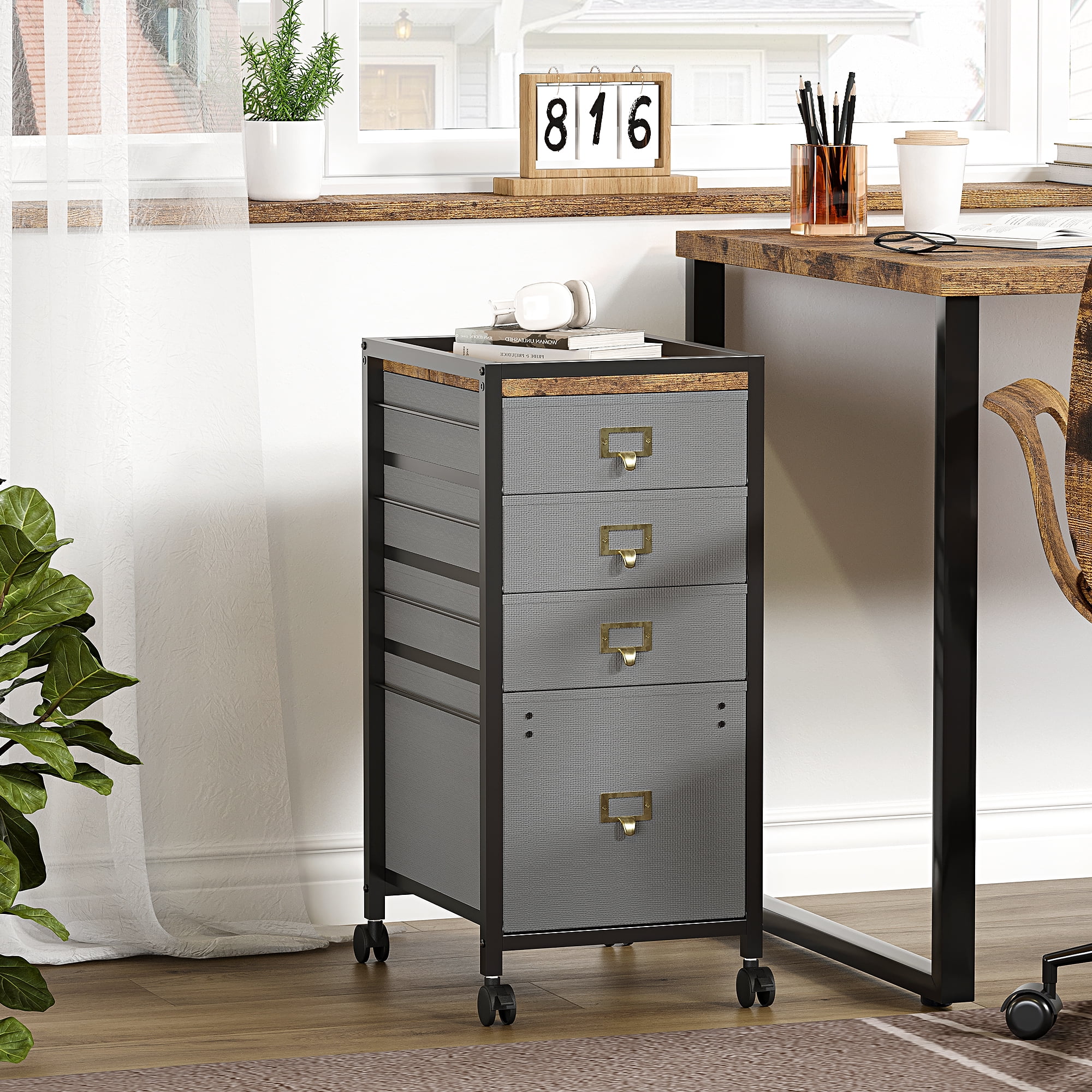 File Cabinet with Drawers, Mobile Filing Cabinet Rolling Printer Stand Fits A4 or Letter Size, Fabric Vertical File Cabinet with Wheels, Under Desk Storage Cabinet for Home Office