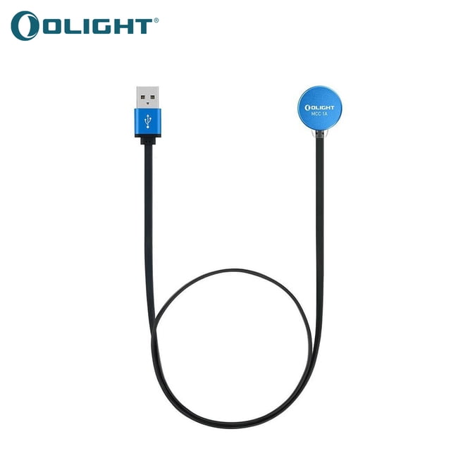 cable magnético para linternas baton 3 y m2r pro olight cable negro con conector USB-A azul y cabeza magnética redonda azul con logo Olight, diseño compacto y sistema de conexión magnética compatible con Baton 3 y M2R Pro; también suele usarse para carga magnética portátil, fondo blanco.