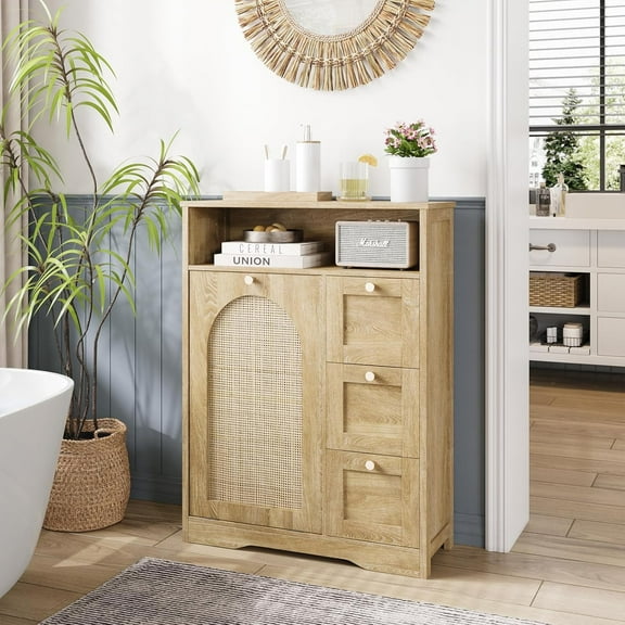 67" H Tall Corner Cabinet with Doors and 6 Storage Shelves, Rattan Storage Cabinet with Adjustable Shelves, Corner Bookshelf Home Space Saver for Bathroom, Laundry, Living Room, Black