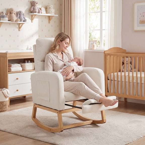 AVAWING Nursery Rocking Chair with Footrest, Upholstered Recliner Chair with Side Pocket, Beige