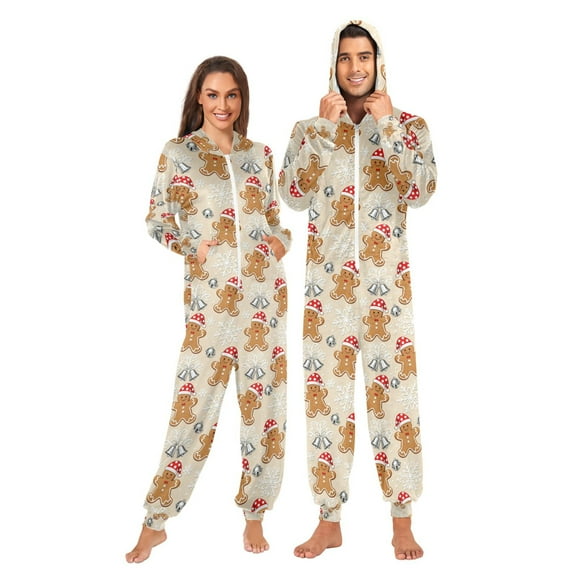 joogoo Gingerbread Man Snowflake Bell Pattern Unisex Adults Onesies Pajamas Jumpsuits L