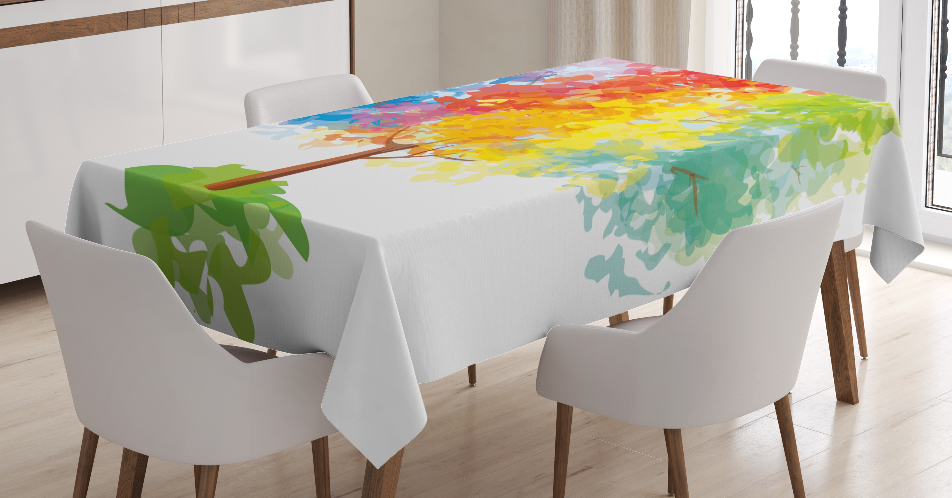 Rainbow Tablecloth, Multicolored Abstract Tree Seasons of the Year