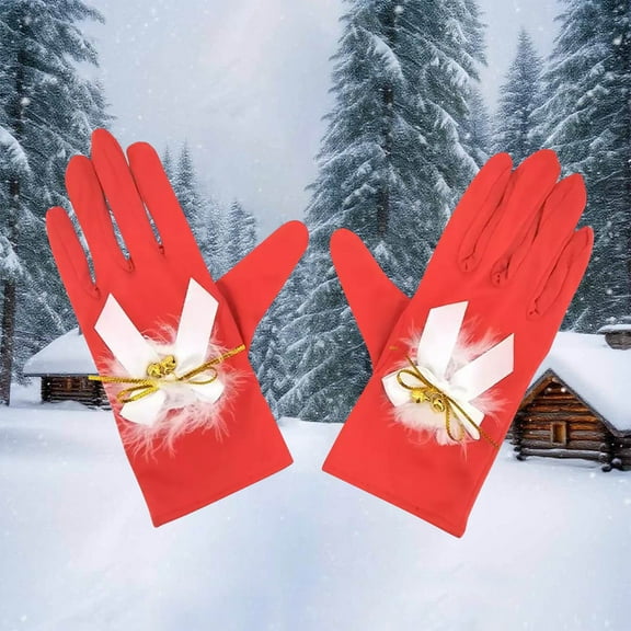 SYMOID White Christmas Gloves for Women, One Size Fits All, Festive Holiday Gloves with Bells Bows Feathers, Soft Stretchy Full Finger,Size Free Size
