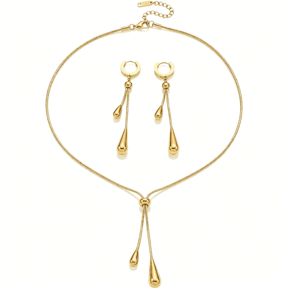 DESIGNICE Gold Plated Teardrop Jewelry Set for Women-Hypoallergenic Adjustable Lariat Necklace&Earrings-Minimalist Elegant Gift for Birthday Valentine'S Day Daily Wear