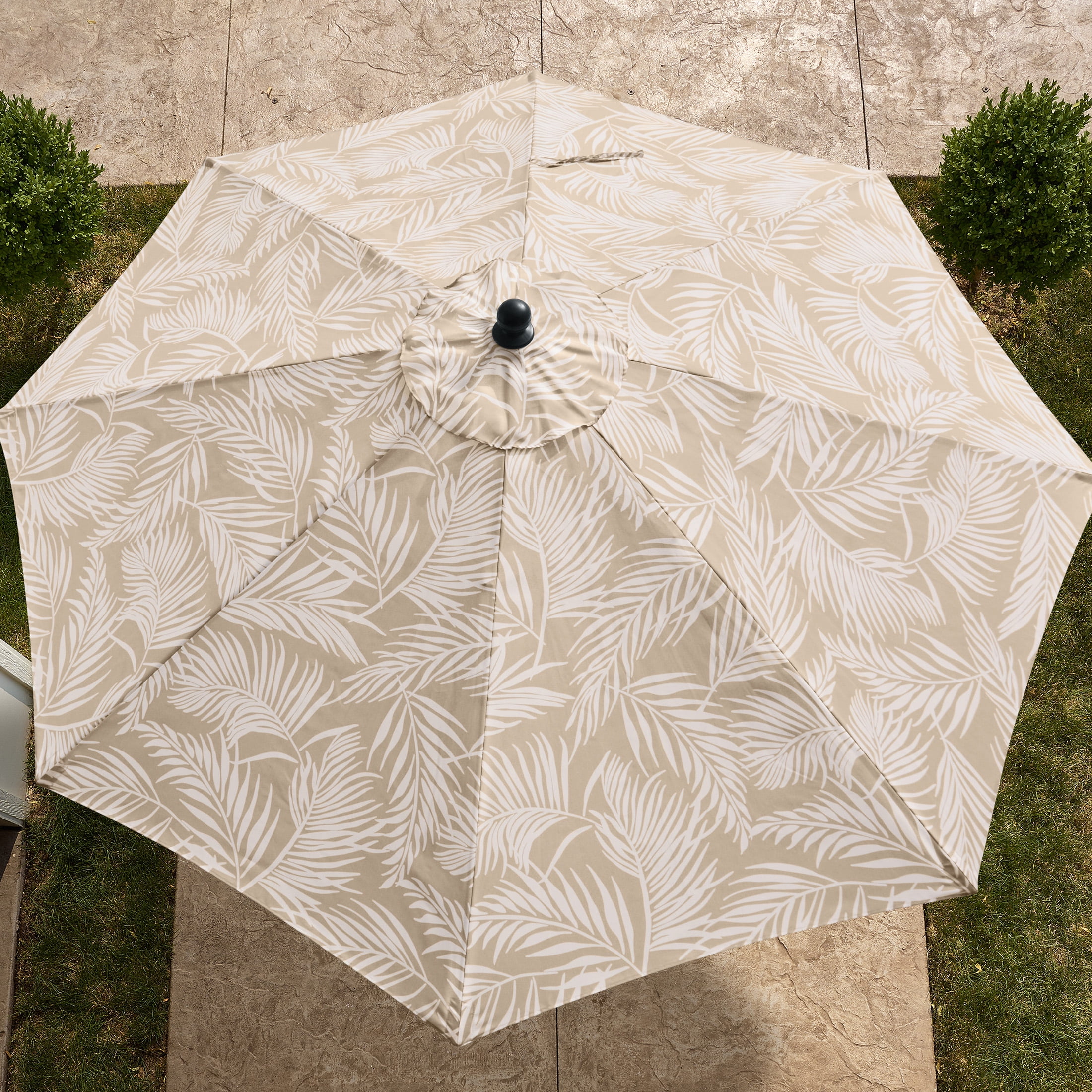 Better Homes & Gardens Premium 9' Tan Palm Print Market Patio Umbrella, Crank Lift, 3-Angle Tilt