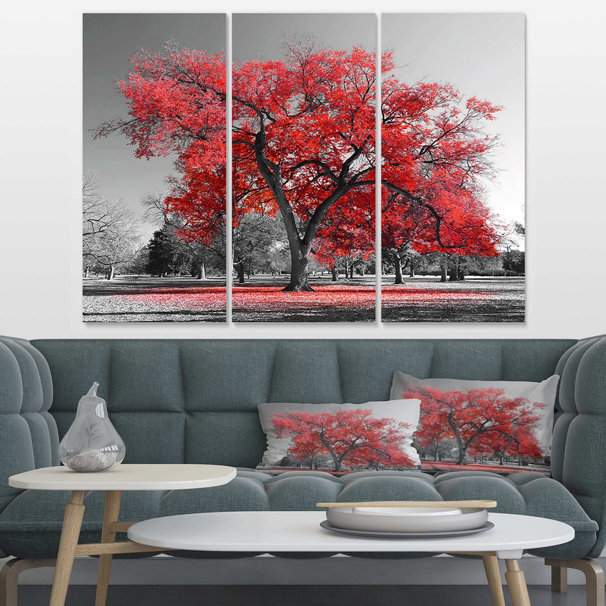 Designart 'Big Red Tree on Foggy Day ' Landscape Canvas Art Print