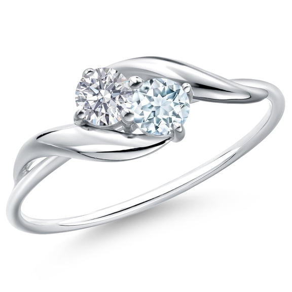 Gem Stone King 10K White Gold Round White Lab Grown Diamond and Sky Blue Aquamarine Ring for Women (0.34 Cttw, Round 3.5MM, Gemstone April Birthstone, Size 5)