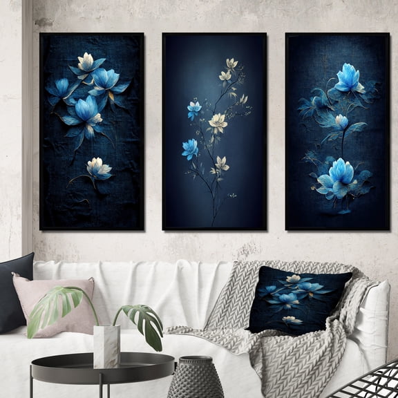 Designart "Vintage Chinese Light Blue Flower Art I" Floral Framed Wall Art Set Of 3 - Blue Traditional Frame Gallery Wall Set For Home Decor