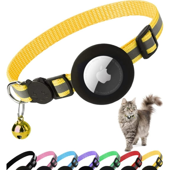 Airtag Cat Collar Breakaway, Reflective Kitten Collar with Apple Air Tag Holder and Bell for Girl Boy Cats, 0.4 Inches in Width and Lightweight(Yellow)