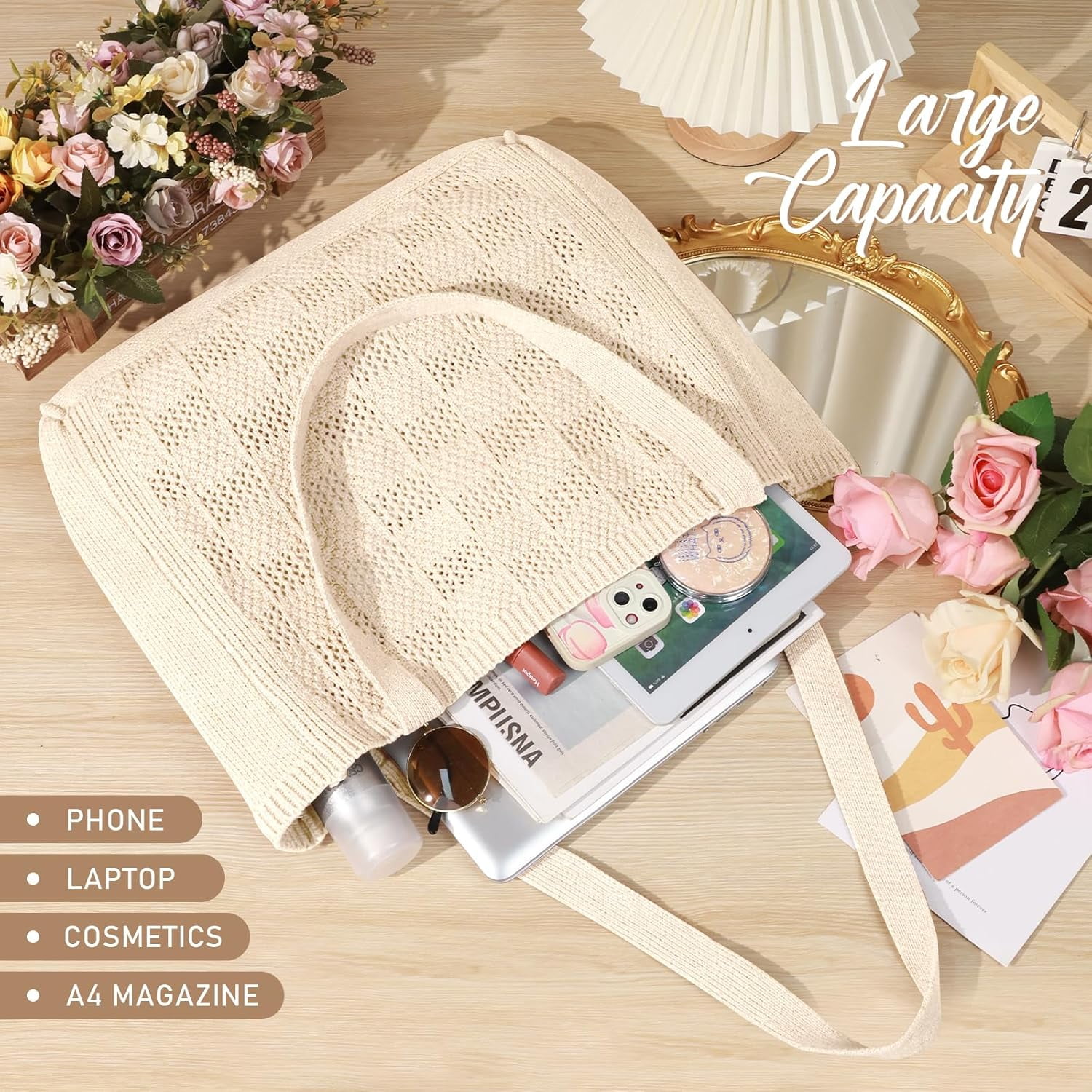 CAILDANL Crochet Bags for Women - Large Tote Aesthetic Handbag Shoulder Hippie Knit Bag