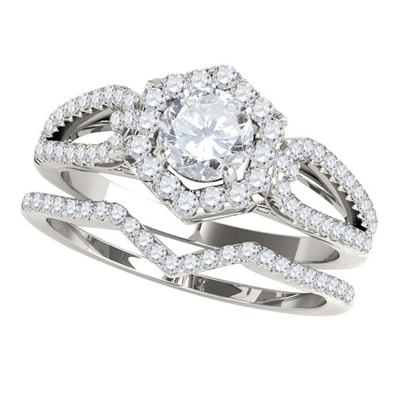 Aonejewelry 0.85 Carat Halo Daimond Engagement Bridal Set 14K White Gold