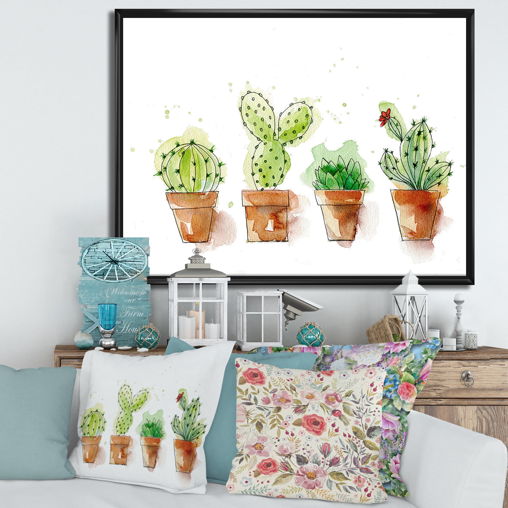 Designart 'Cacti In Gentle Tones In Ceramic Pots I' Traditional Framed Canvas Wall Art Print