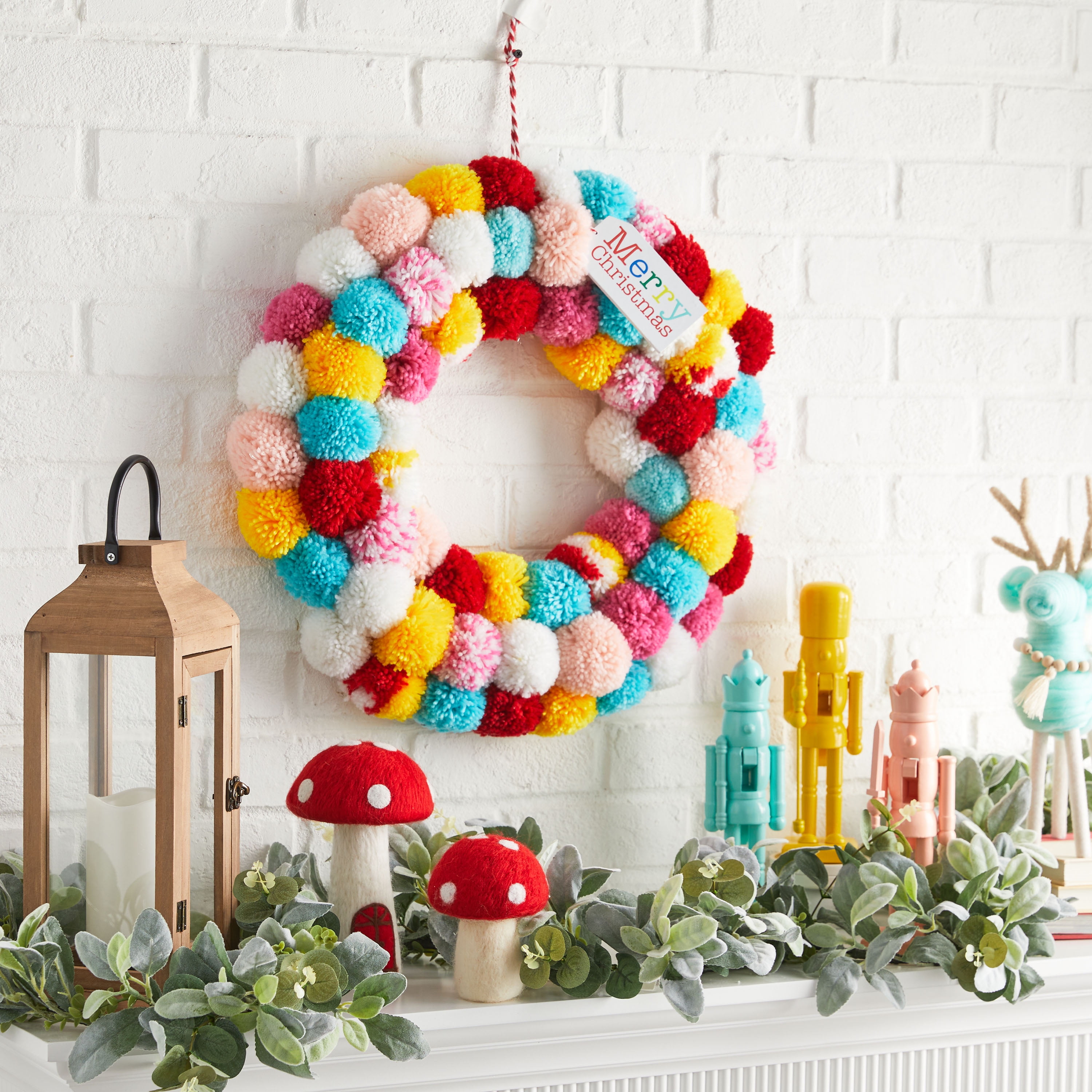 Holiday Time Pom Pom Wreath, 22"