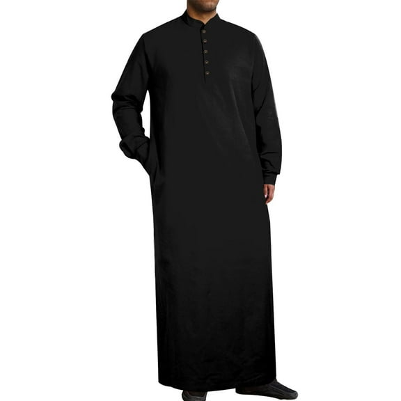 Muslim Thobe for Men Kaftan with Pockets Button Down Long Gown Men's Arab Thobe Long Sleeve Black L