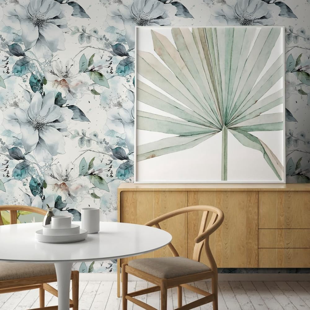 Ice Blue White Large Hyacinth Floral Green Leaf Peel and Stick Wallpaper Wall Decor Self Adhesive Wall Paper Stick on Easy Peel Off Contact for Renter Apartment