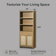 OAKHAM 5 Shelf Bookcase with Doors, 73 Tall Rattan Bookshelf with Cabinet and Drawer, Weathered Oak