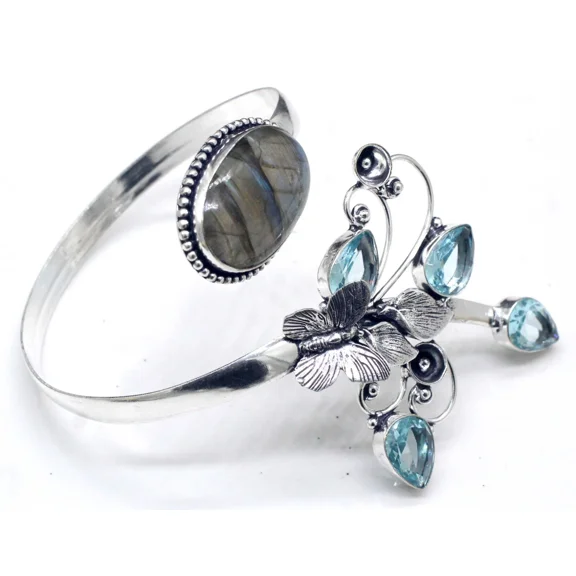 925 Sterling Silver Labradorite & Apatite Gemstone Jewelry Cuff Bracelet Size-AJ