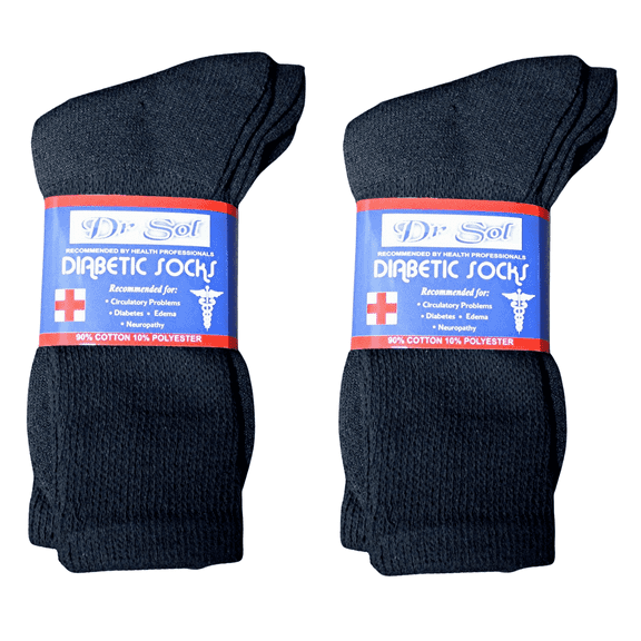 6 Pairs Dr. Sol Diabetic Socks for Men & Women – 90% Cotton Blend, Crew Length, Circulation Support – Size 9-11, Black