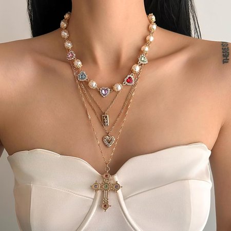 1/4 Pcs Colorful Daisy Pearl Choker Necklace, Rainbow Rhinestone Flower Layered Necklace with Faux Pearl, Heart & Cross Pendant for Women, Adjustable Old Money Elegant Statement Jewelry Gift