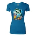 thumbnail image 2 of Pair of Dolphins Swimming in Ocean Animal Lover Womens Slim Fit Junior Tee, Turquoise, Small, 2 of 3