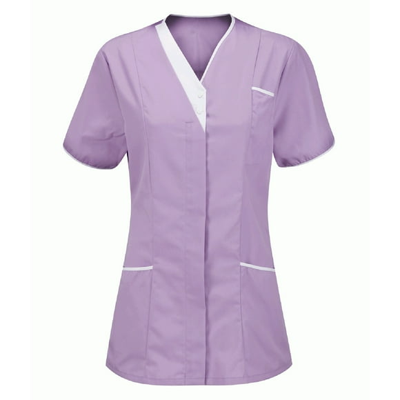 ZVAVZ Plus Size Scrubs for Women,Women's Color Block Scrubs Tops Short Sleeve V-Neck Tunic Workwear Nurse Shirts Blouses With Pockets Pink,S