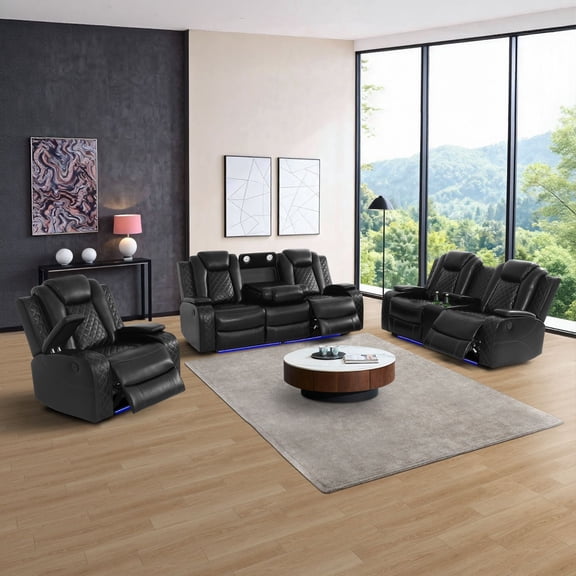 Black Breathing Leather 3-Piece Living Room Recliner Sofa Set