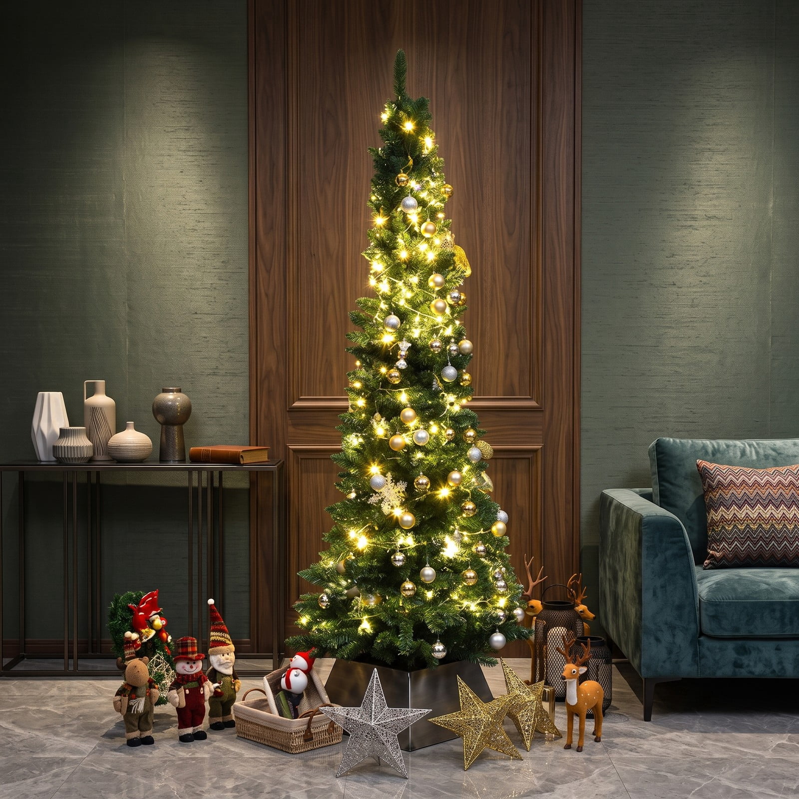 RUIE 7FT Artificial Slim Pencil Christmas Tree, PVC Unlit Narrow Xmas Tree with 700 Branch Tips and Sturdy Iron Stand for Home Holiday Corner Decor, Green