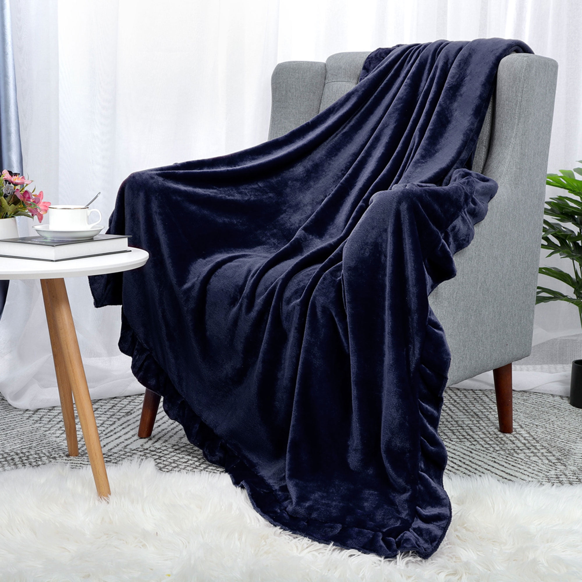 PiccoCasa Polyester Velvet Plush Decorative Ruffled Throw Blanket, 50"x 60", Navy Blue