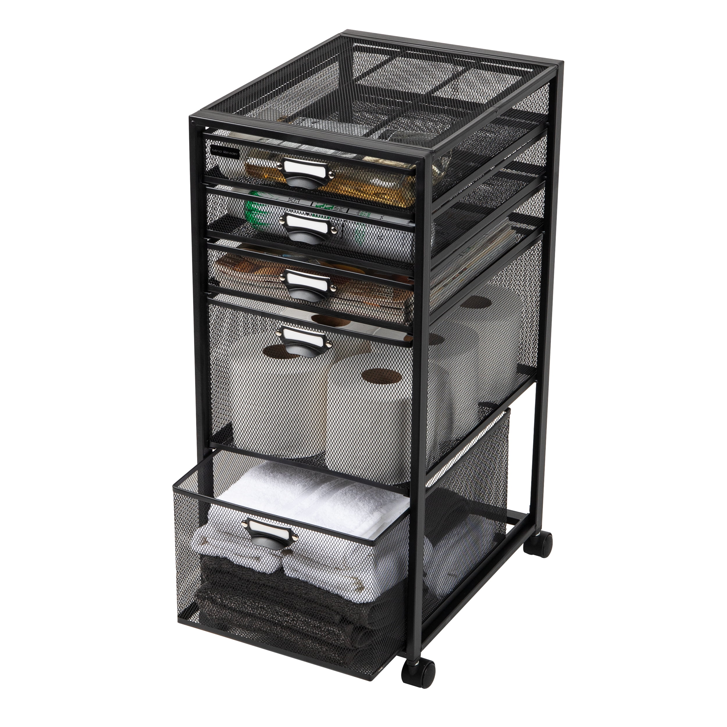 Mind Reader Vertical Office Storage Organizer with Mesh Drawers Label Holders and Optional Wheels, Metal Mesh, Black