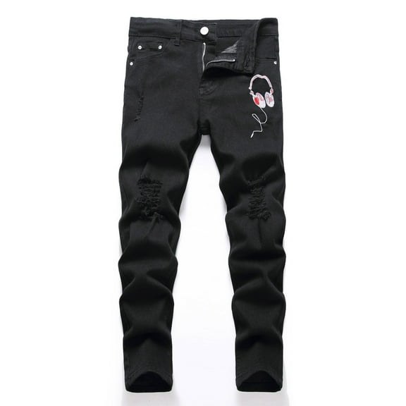 Kiijoy Little Boys Skinny Fit Ripped Jeans Embroidery Straight Leg Denim Pants, Sizes 6-7
