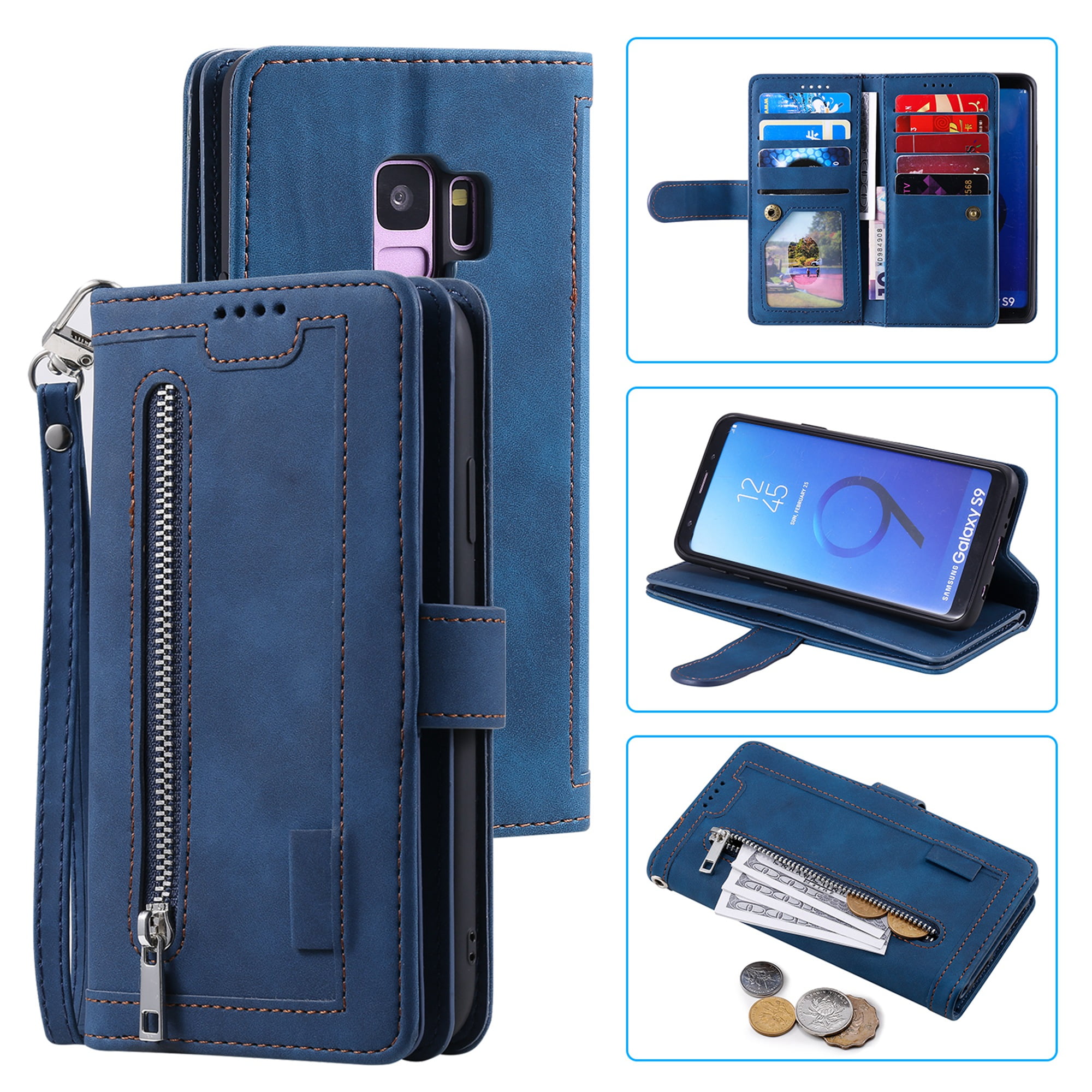 Leather Cover Compatible with Samsung Galaxy S9 Dark Blue Wallet Case for Samsung Galaxy S9
