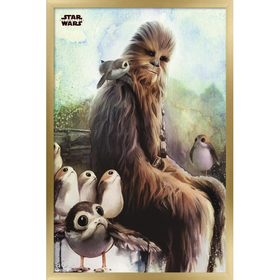 Star Wars: The Last Jedi - Wookiee And Porg Wall Poster, 14.725" x 22.375", Framed