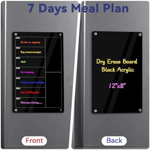Acrylic Meal Planner Magnetic Menu Board for Kitchen Fridge,Magnetic Black Weekly Calendar Planner Board Refrigerator Dry Erase Board to Do Chore Chart,Grocery/Shopping List,12"x8"$$Office