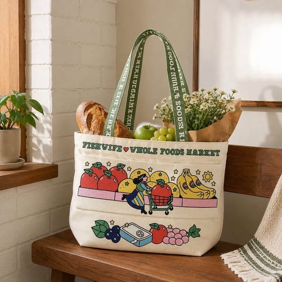 Whole Foods Market Canvas Tote Handle Bag ,Reusable Canvas Shopping Bag, Large Grocery Tote Bag for Shopping Beach Daily