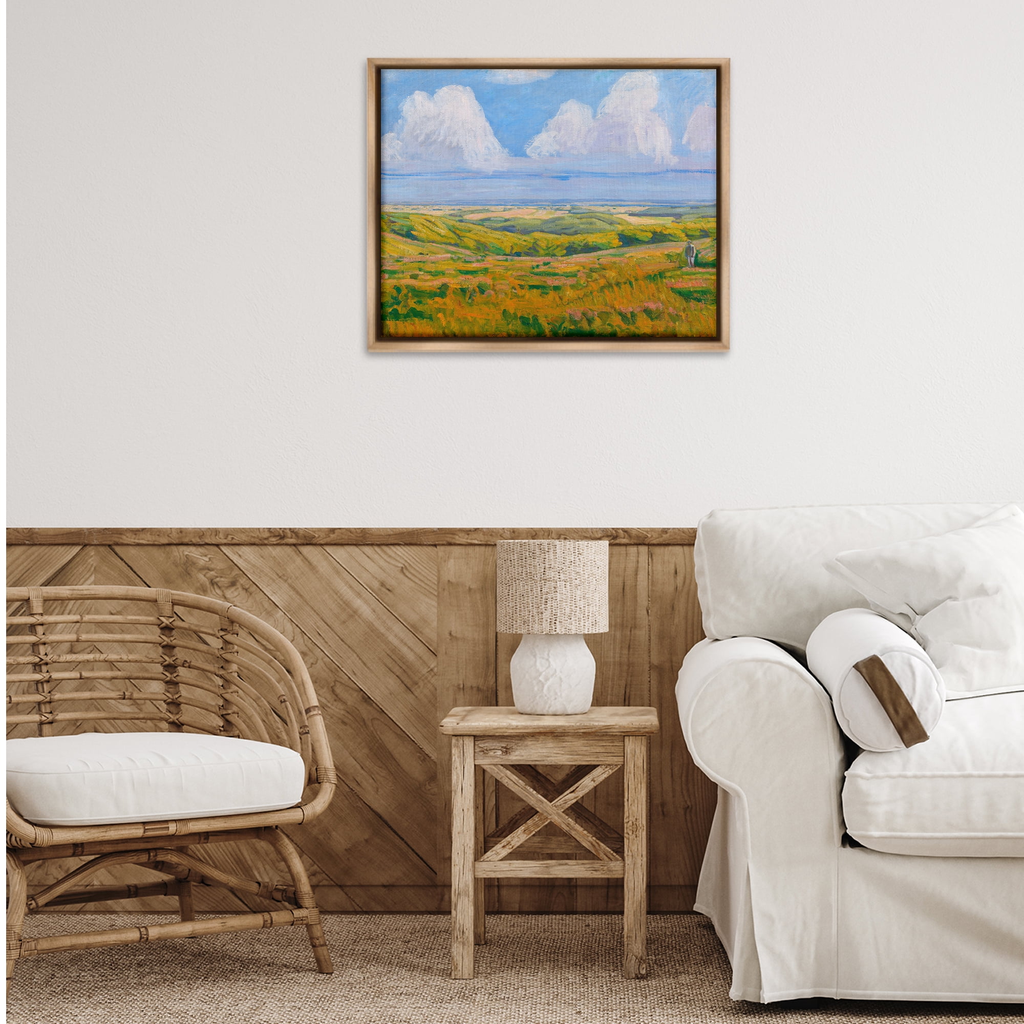 Stupell Industries Clouds over Classic Country Landscape & Nature Painting Brown Floater Framed Canvas Art Print Wall Art, 31 x 25