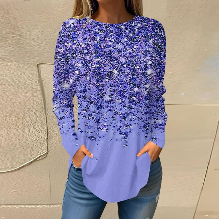 Amtdh Women s Party Shirt Savings Shiny Print Plus Size Casual Teen Girls Cute Clothes 2024 New Fashion Long Sleeve Round Neck Loose Sequins Irregular Hem Sexy Tops for Ladies Purple L