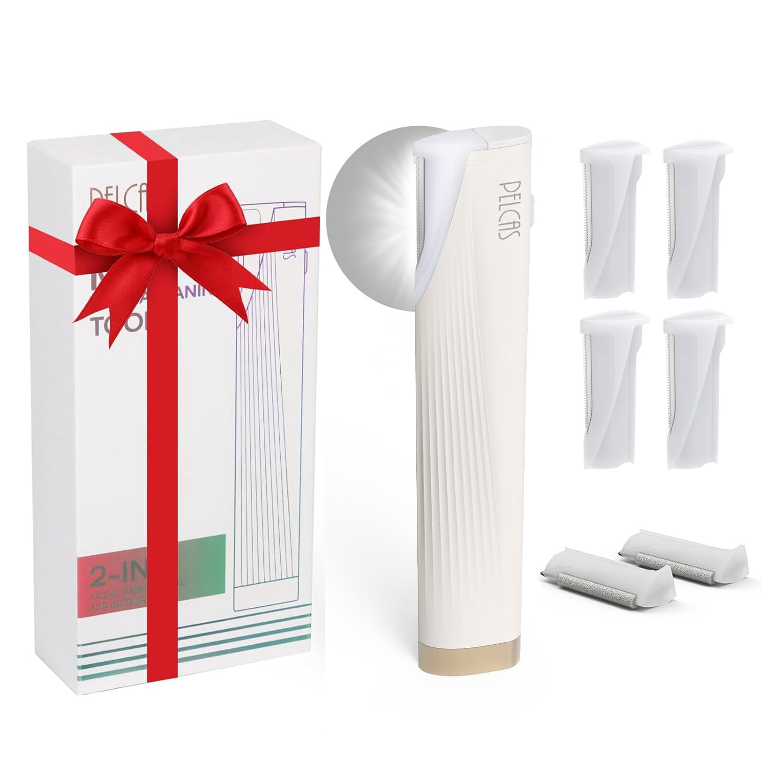 Electric Dermaplaning Tool for Face with LED Light, Mini Facial Dermaplaning Razor Kit, Painless 3 Speeds Facial Peach Fuzz & Hair Removal At Home for Women with 6 Blades Off White