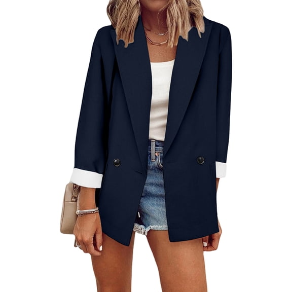 Womens Solid Color Open Front Blazer Long Sleeve Office Jacket Work Cardigan with Pockets Dark Blue L